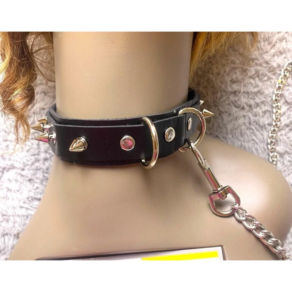 Choker Collar w/ Chain‎ Leash Rivet Studded PU Leather Goth Punk Bondage NEW